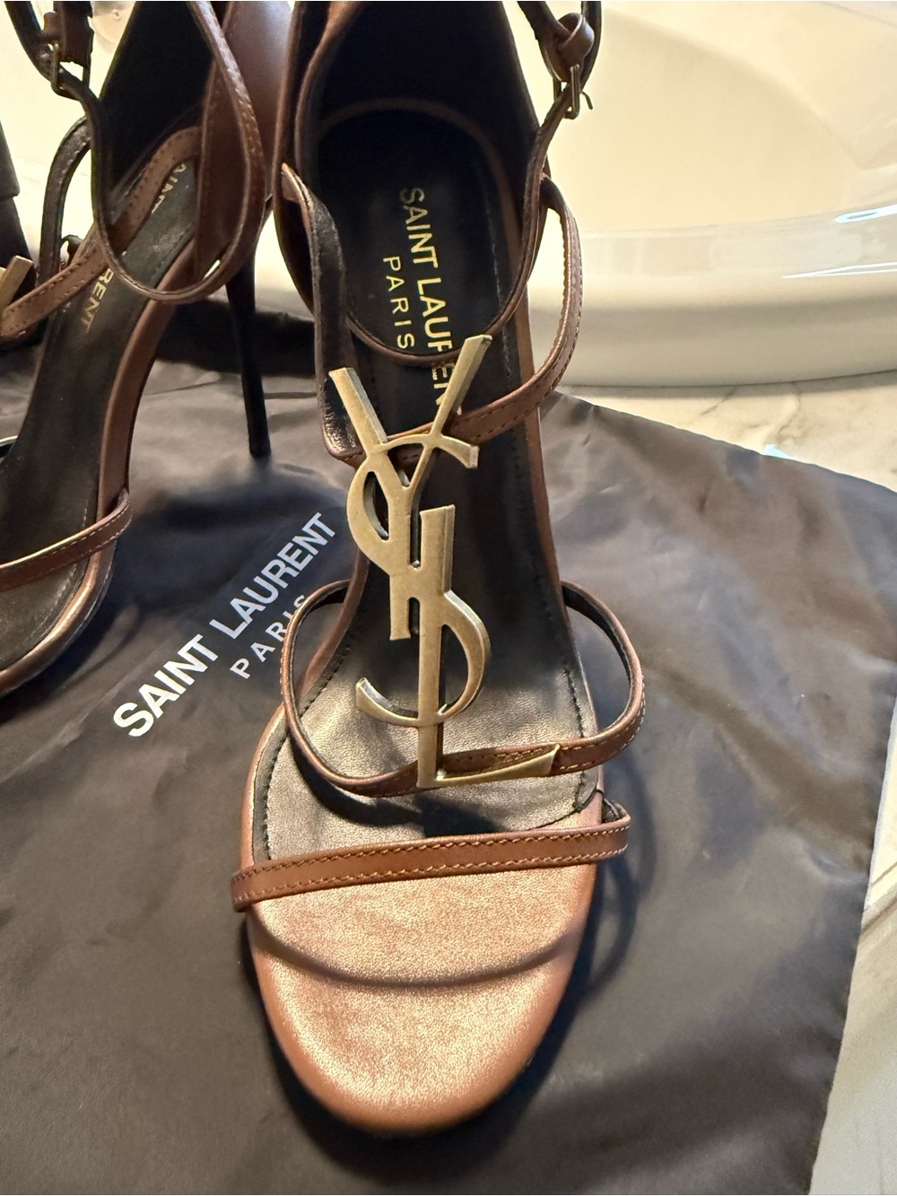 Saint Laurent Metallic Brown YSL Logo Strappy High Heels